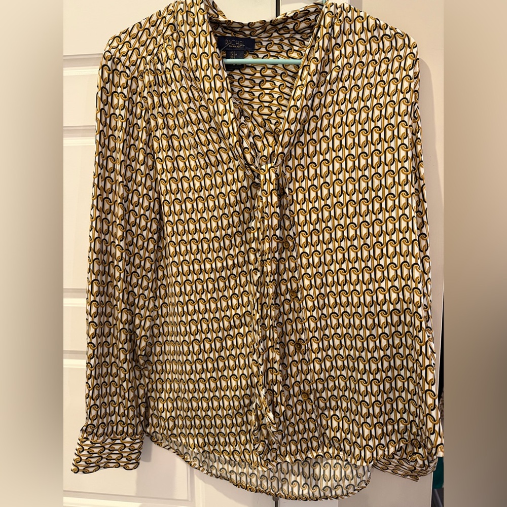 RACHEL Rachel Roy Yellow and Black Geometric Tie-Neck Blouse